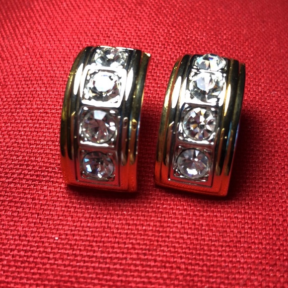 Rhinestone and Gold Toned Curved Pieced Earrings - Picture 5 of 6